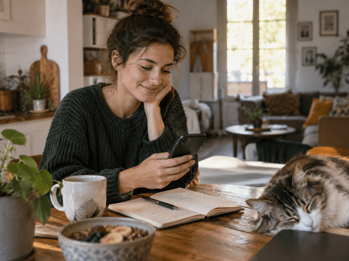 A woman smiles at her phone while journaling at the table, with a cat asleep beside her.